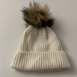 Abercrombie Cream Knit Beanie with Faux Fur Pom